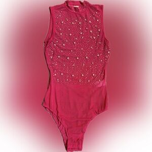 Pink Sleeveless Bodysuit with Rhinestones